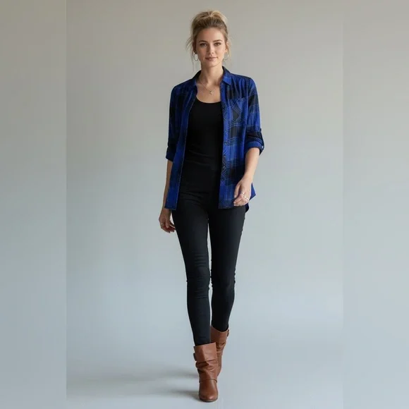 KC Khakis & Co Blue Black Plaid Button Down Shirt Rayon Roll Tab Sleeve Blouse - Picture 2 of 10